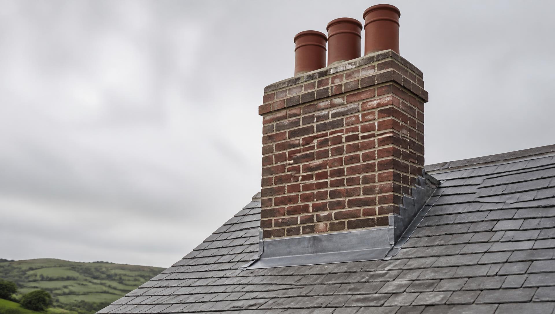 Traditional Yorkshire brick chimney stack repointed with fresh lead flashing dressed onto a natural slate roof