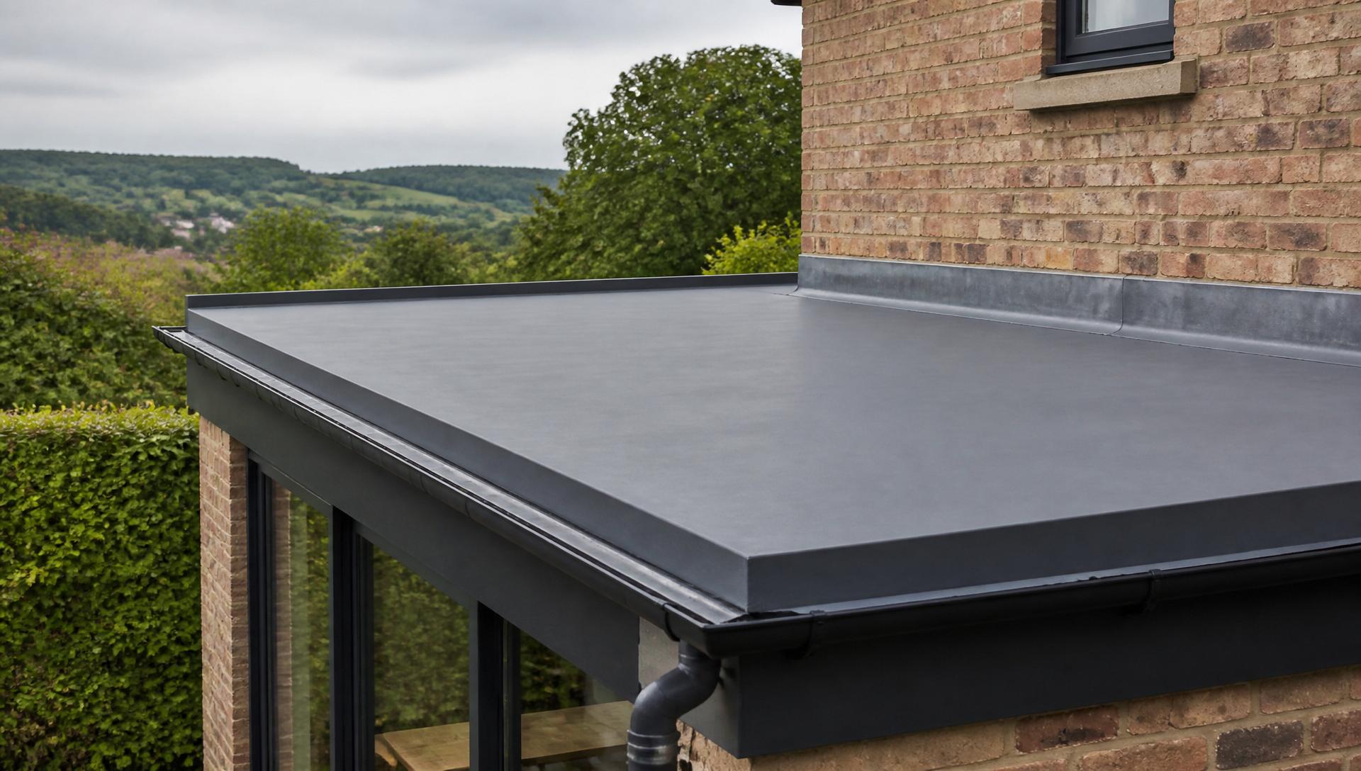 Modern EPDM flat roof cleanly finished with lead upstand and aluminium trim on a British residential extension