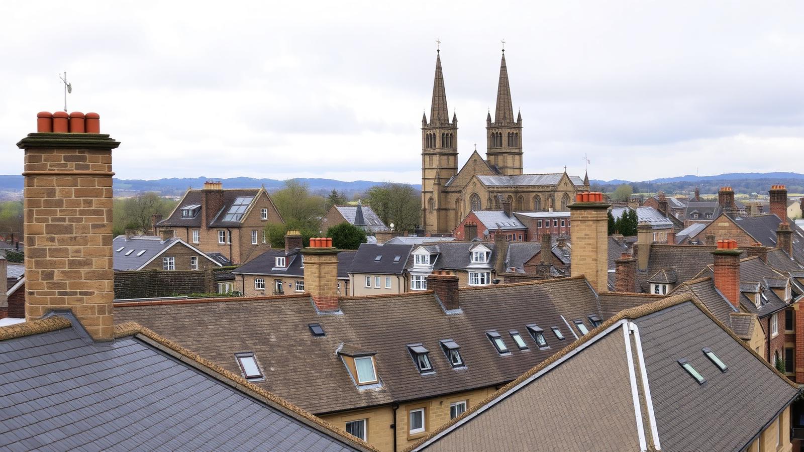 The three towers of Ripon Cathedral above stone-built houses and slate rooftops