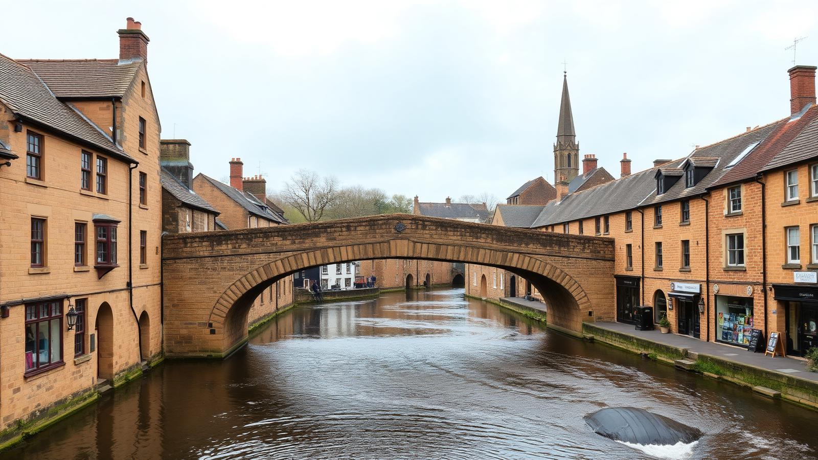 The historic stone bridge over the River Wharfe in Wetherby, with church spire behind