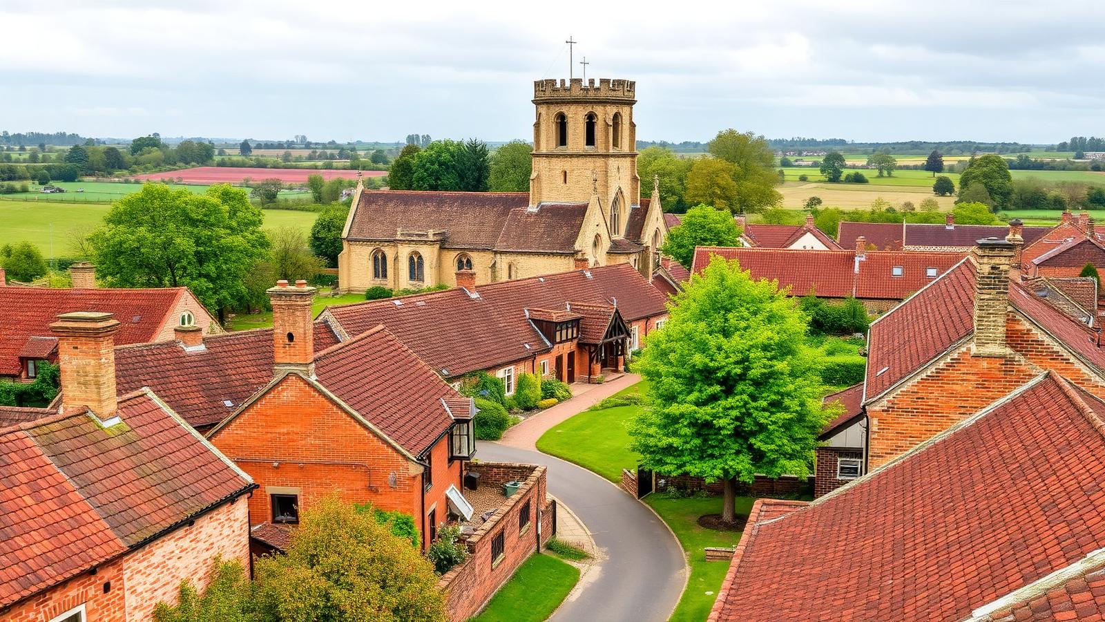 The parish church tower of St Helen rising above the red pantile rooftops of Wheldrake